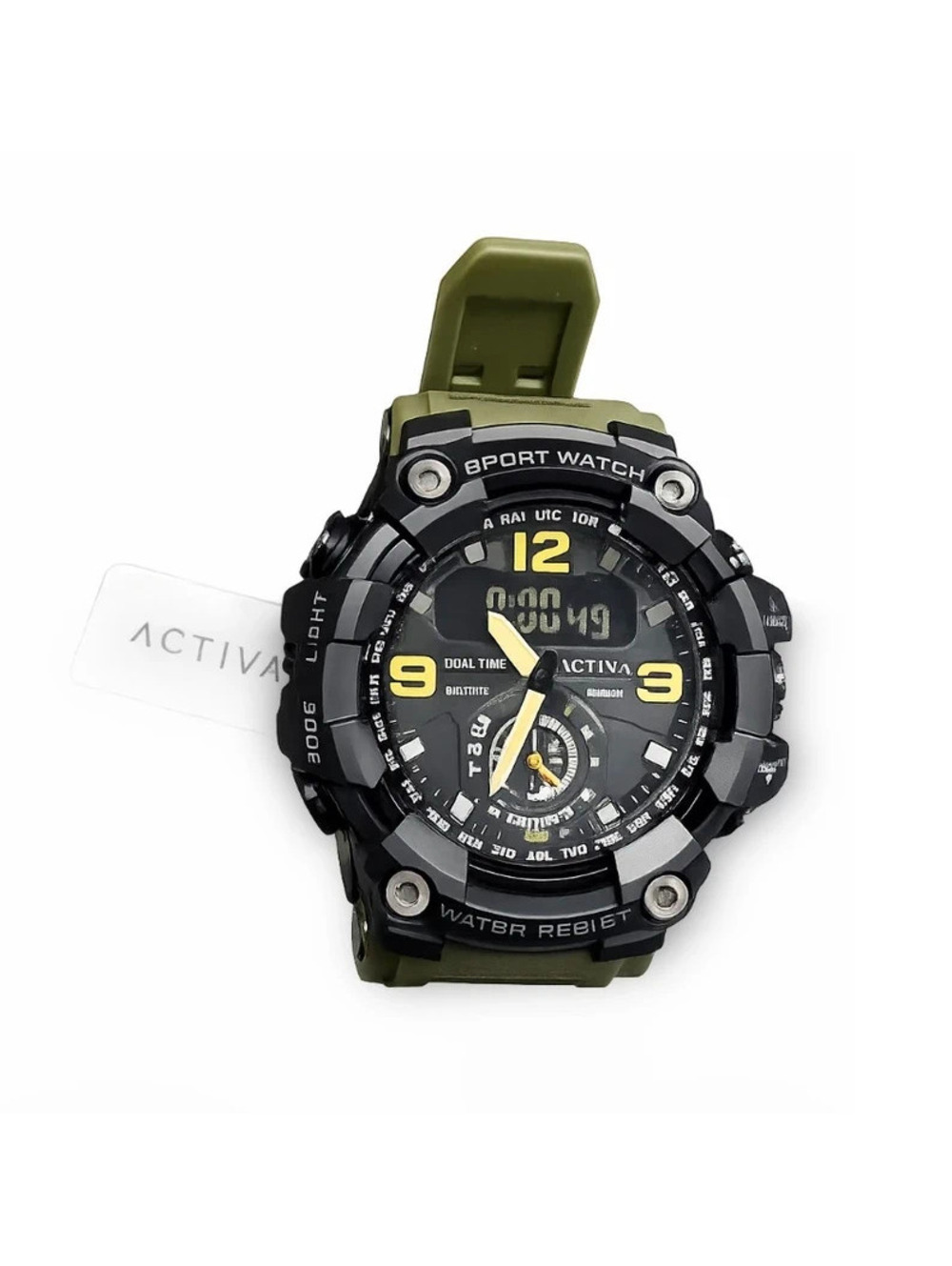 Activa Green Light Dual Time Sport Watch Black Olive military Green New